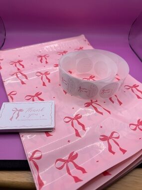 Set of 25 Pink Ribbon 10x13 Polymailers, Thank You Cards and Stickers